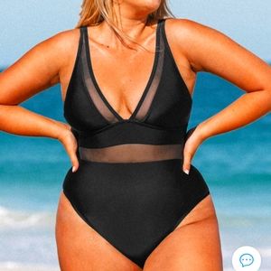 Cupshe Mesh Panel Tummy Control Black Plus Size One Piece